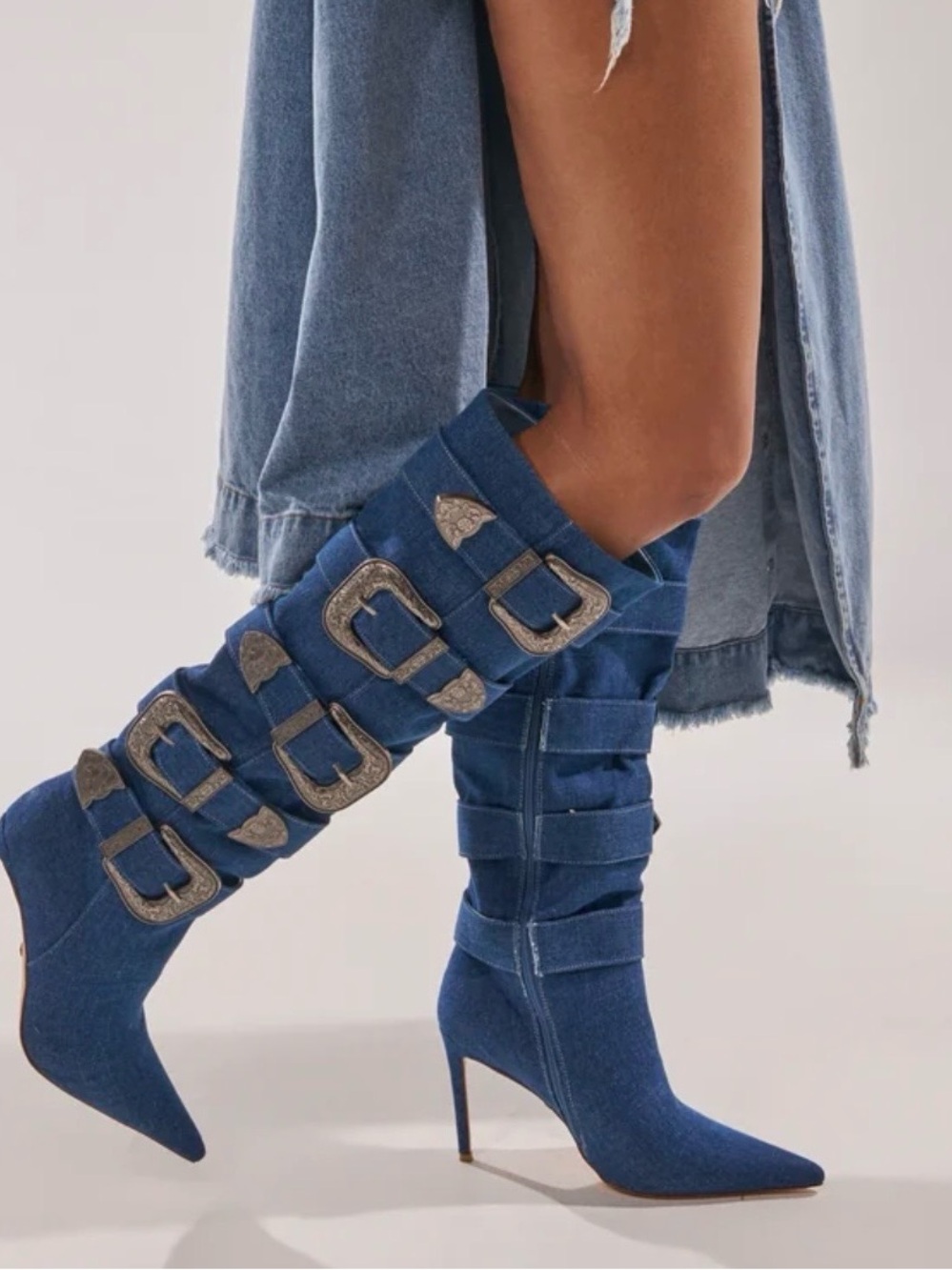 AKIRA Denim Blue Over-the-Knee Buckle Stiletto Boots